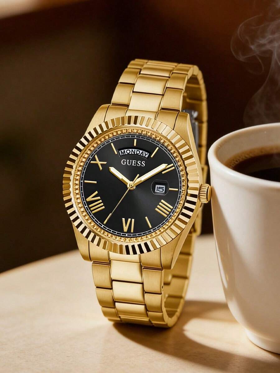 Guess Reloj de lujo para  inoxidable dorado, esfera negra con ventana de fecha, reloj de pulsera de negocios con números romanos GW0265G3 - Negro - Ver 1