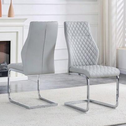 [Set Of 2] Light Grey Diamond Pattern Dining Chairs: High Back + Comfortable Seat Cushion, Silver Metal Frame, Non-Slip And Durable, Suitable For Restaurants, Etc.