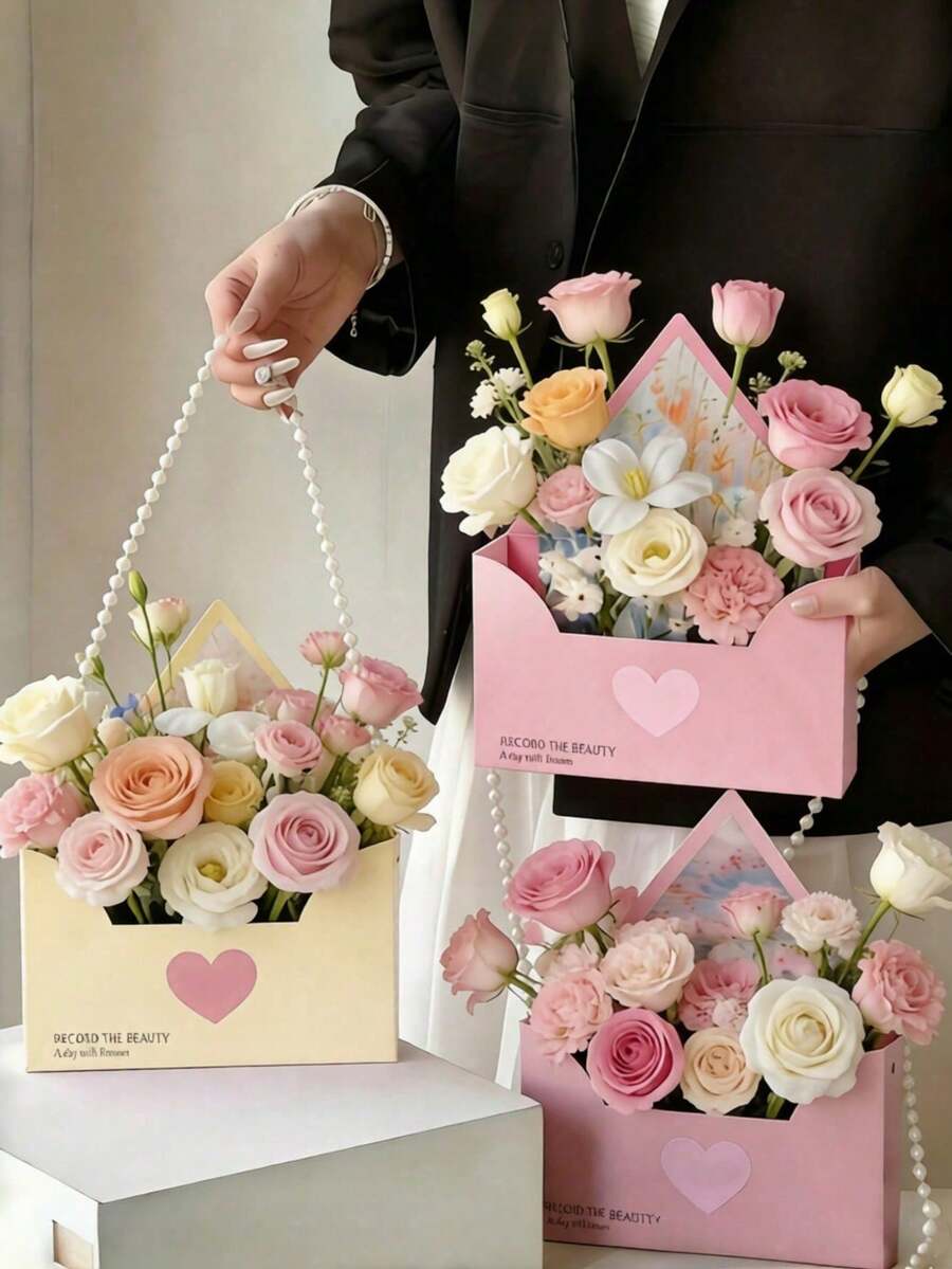 12个装鲜花礼盒，配珍珠链，DIY插花篮，信封式优雅花篮，婚礼礼品包装盒，生日礼品包装用品，可重复使用容器，婚礼鲜花收纳袋，浪漫礼品套装，轻便纪念盒，情感购物必备品，花束架，婚礼派对用品，婚礼装饰，生日装饰，餐桌中心装饰，婚礼回礼，毕业典礼