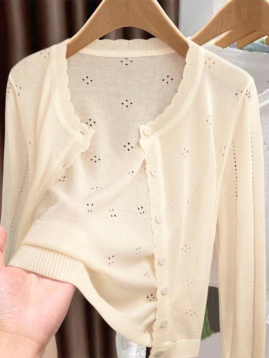 GIGOGOU 女士轻薄针织开衫，休闲透气长袖，春夏款 - 杏色 - 查看 1