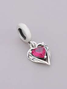 1 pièce Pendentif en forme de cœur avec ailes d'ange en argent sterling 925 et pierre de zircone rose rouge. Bijou romantique unisexe, cadeau - Argent - Voir 3