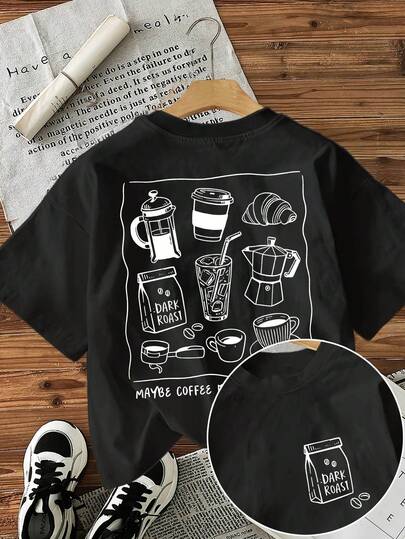 [Double-Sided Print] Spring/Summer Top, Hand-Painted Style, Coffee, Bread, Maybe Coffee, Pure Cotton, Casual, Round Neck, Short Sleeves, Printed Women's T-Shirt.
