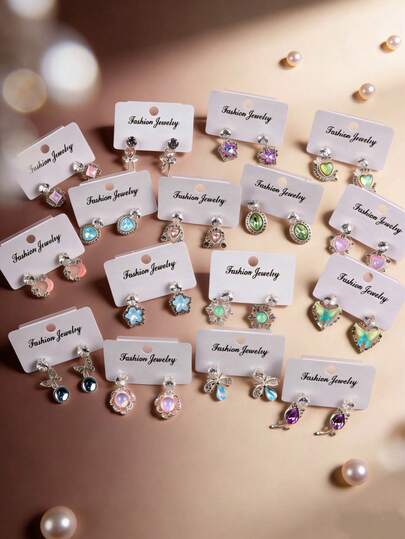 5对/套 精致时尚优雅水钻男女耳环 花朵蝴蝶月亮爱心几何形状 随机款式 浪漫约会情人节礼物 日常佩戴饰品