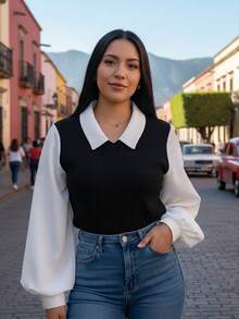 Blusa de dos piezas con cuello Polo para mujer, camisa casual estilo coreano, tops Y2K, ropa de calle suelta, suéteres femeninos elegantes, para primavera - Negro - Ver 8