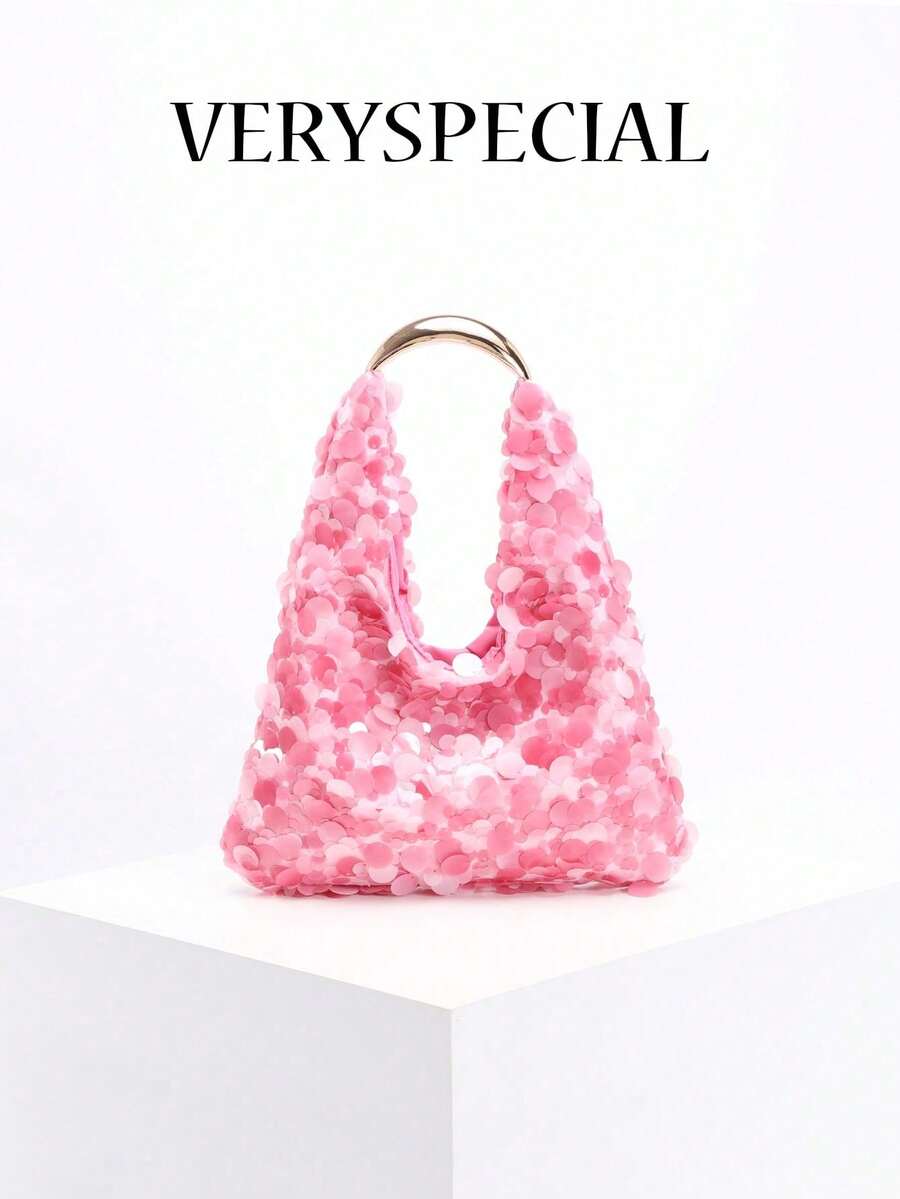 1 Túi tote kim loại trang trí hình trăng lưỡi liềm đính sequin nàng tiên cá, sáng bóng bất đối xứng, thích hợp kết hợp với váy công sở, đi làm hàng ngày, mua sắm, hẹn hò, trà chiều - Hồng - Xem 1