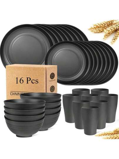 16 piezas Conjunto de Platos de Cena Irrompibles, Juego de Vajilla de Paja de Trigo, Apto para Microondas y Lavavajillas, Vajilla Reutilizable, Juego Negro de 8 Platos, 4 Tazones, 4 Tazas