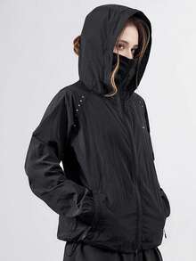 女士夏季轻便可折叠印花防紫外线连帽夹克，尼龙透气凉爽贴身外套，带拉链口袋，适合户外运动和沙滩穿着，是徒步旅行、骑行、露营、旅行和遮阳的理想之选，黑色春季款 - 黑色 - 查看 1