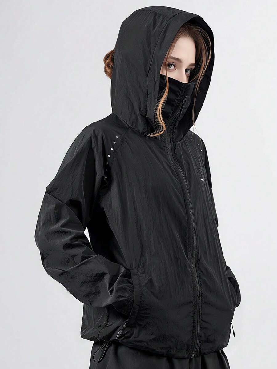 女士夏季轻便可折叠印花防紫外线连帽夹克，尼龙透气凉爽贴身外套，带拉链口袋，适合户外运动和沙滩穿着，是徒步旅行、骑行、露营、旅行和遮阳的理想之选，黑色春季款 - 黑色 - 查看 1