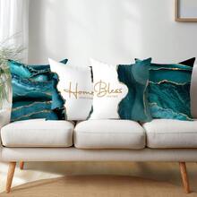 4pcs Peacock Green Agate Stone Gilded Pattern "Bless Home" Cushion Cover Set, Single-Sided Peach Velvet Fabric, 45*45/50*50/40*40CM Pillow Case Suitable For Modern Minimalist Sofa Living Room Decor, Gift, Party Decoration - Multicolor - View 9