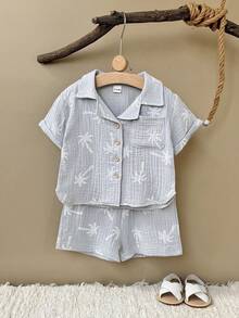 2pcs/Set Baby Boy Coconut Tree Print Cotton Shirt + Shorts Set, Spring/Summer - Dusty Blue - View 2