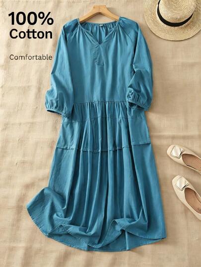 Women's Solid Color V-Neck Casual Minimalist Midi Dress, Suitable For Commuting, Spring/Summer Elegant