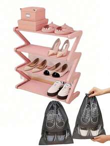 四层Z字形鞋架，耐用塑料独立收纳盒，弧形设计，多功能收纳架，易于组装的独立式鞋架，无需工具，设计紧凑，适合客厅或宿舍，可堆叠且节省空间，鞋盒，立式鞋架 - 彩色 - 查看 7
