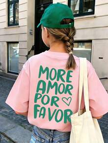 少女休闲趣味印花圆领短袖T恤，夏季上衣 - 粉色 - 查看 1