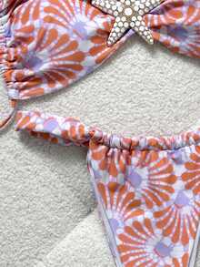 Blumenmuster eleganter sexy rückenfreier Knoten-Bikini Bademode, geeignet für Urlaub, Strand, Party, Date, Geburtstag, Alltagstragen, Metall Pentagramm Sommer - Orange - Übersicht 4