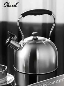 shoxil 1pc 2.5L Stainless Steel Whistling Tea Kettle, Suitable For Brewing Coffee And Tea, Silver Color With Black Handle Whistling Teapot - View 1