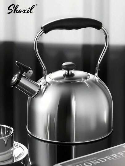 shoxil 1pc 2.5L Stainless Steel Whistling Tea Kettle, Suitable For Brewing Coffee And Tea, Silver Color With Black Handle Whistling Teapot