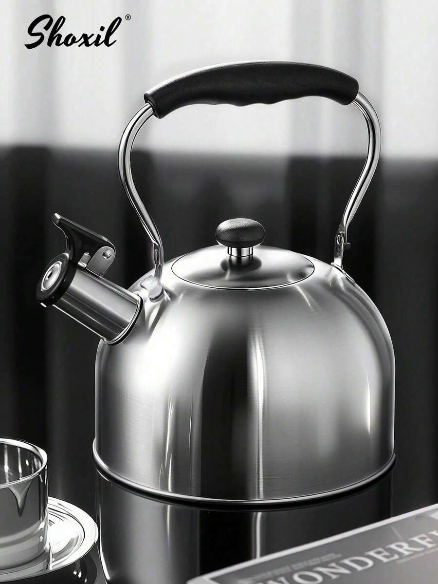 shoxil 1pc 2.5L Stainless Steel Whistling Tea Kettle, Suitable For Brewing Coffee And Tea, Silver Color With Black Handle Whistling Teapot - View 1