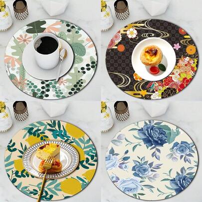 圆形餐盘杯防滑垫，适用于厨房台面，耐油耐热，装饰餐垫，可水洗，餐具沥水垫，适合家庭、咖啡馆、甜品店、节日餐桌装饰，花卉图案