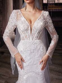 QOQ 优雅浪漫白色网纱深V领蕾丝长袖新娘婚纱礼服 - 白色 - 查看 8
