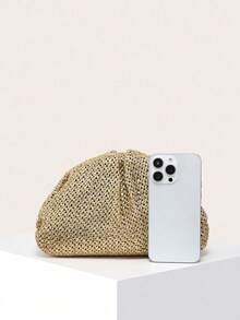 1pc Women's Woven Golden Pleated Clutch Bag, Fashionable Minimalist Design, Large Capacity, Suitable For Shopping And Outings - Gold - View 3
