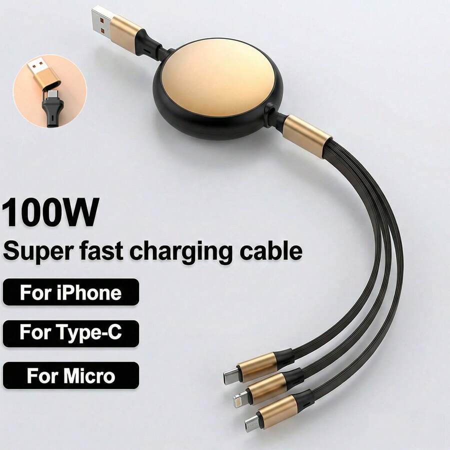 120W可伸缩三合一数据线，铝合金外壳，耐用快充线，带USB/Type-C接口，高效数据传输，兼容 17/16/15/14/13/12/11/Xs/Xr/8/7/6、S26/S25/S24/S23/S22/S21 Ultra。 - 彩色 - 查看 1