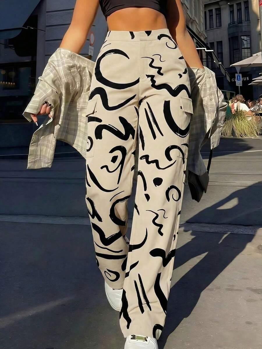 Spring Summer Women's Casual Fashionable Print Straight Cargo Pants, Y2k Multi-Pocket Long Pants, Vacation Beach Office School Outfits For Women - 杏色 - 查看 1