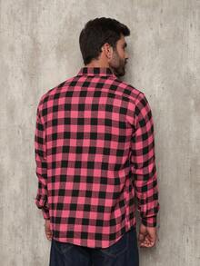 Men's Flannel Plaid Shirt, Long Sleeve Blouse - 粉色 - 查看 3