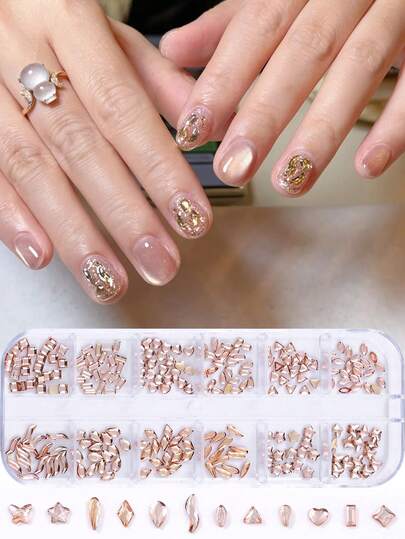 Champagne Sparkle Little Nail Rhinestone Accessories 12 Grids Star Heart Butterfly Diamond Crystal Flat Back Nail Charms Gemstone Nail Craft Japanese Manicure Decoration For Women Girls Salon DIY Design