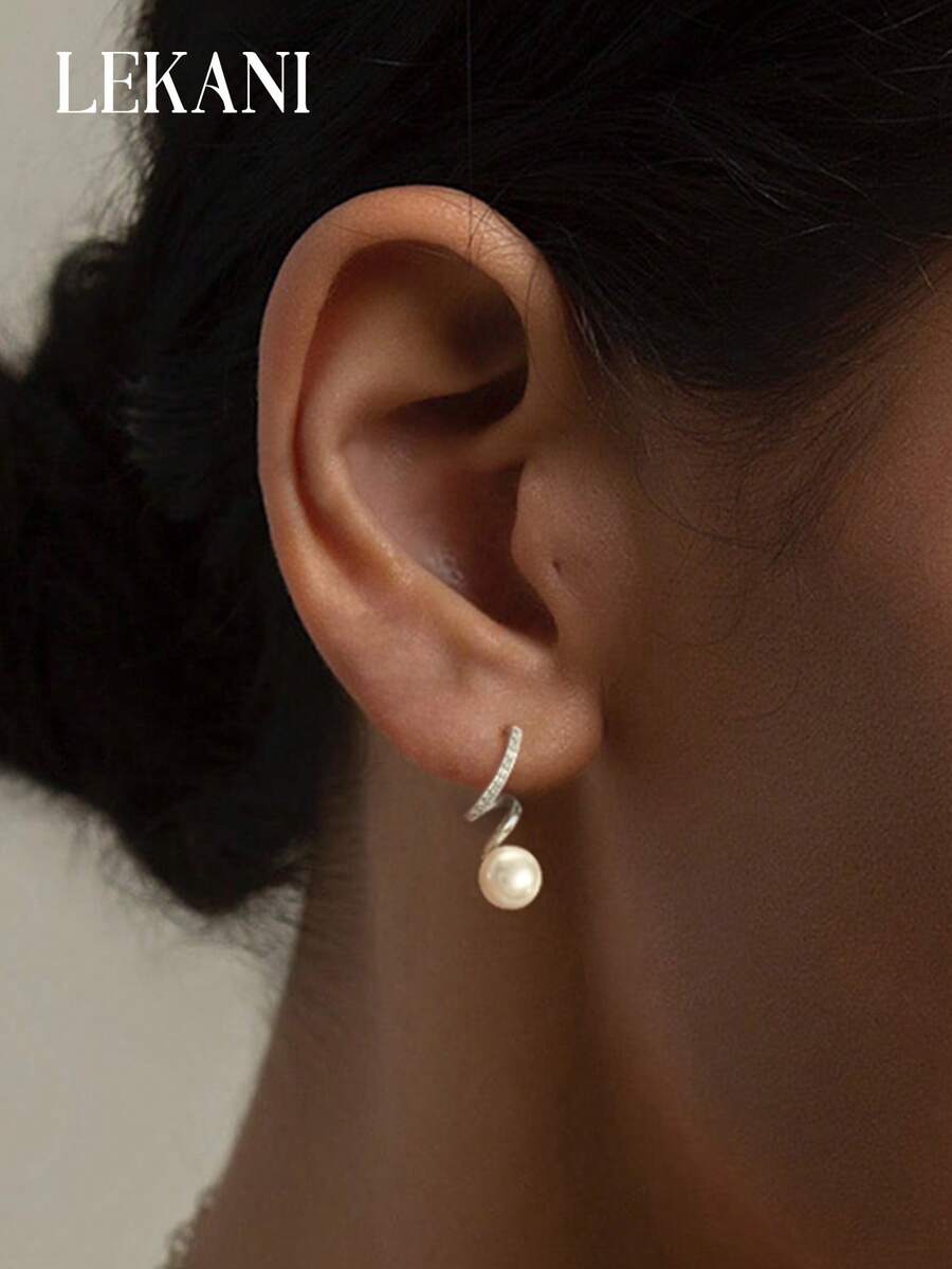 1 对 S925 纯银耳环，镶嵌珍珠和锆石，简约设计，优雅女士吊坠耳环，奢华珠宝礼物，适合送给母亲、女友、朋友、情侣、日常佩戴 - 銀色 - 查看 1