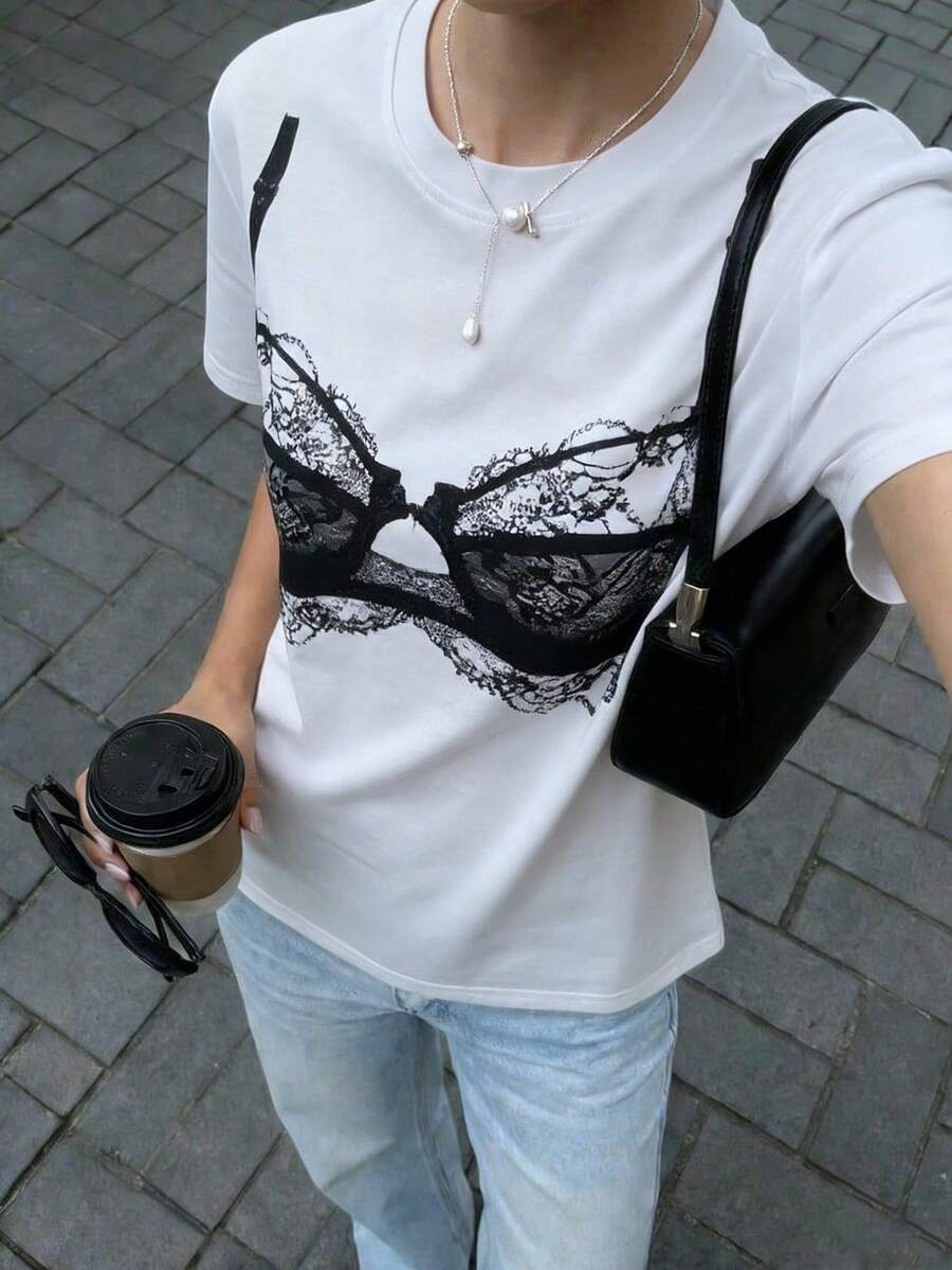 夏季新款简约印花抹胸上衣，休闲圆领短袖T恤，时尚百搭女式上衣 - 白色 - 查看 1