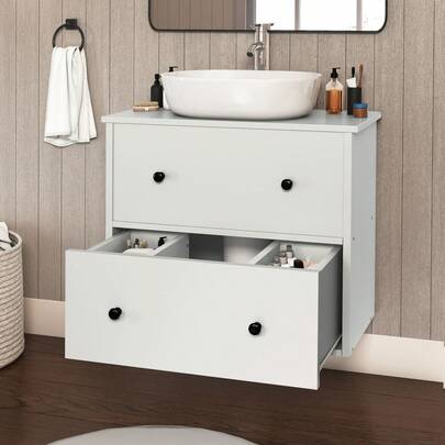 60cm Bathroom Storage Cabinet Wall Mounted Under Sink Cabinet With 2 Drawers Vanity Sink Unit With U-Shaped Cutout For Bathroom Apartment White