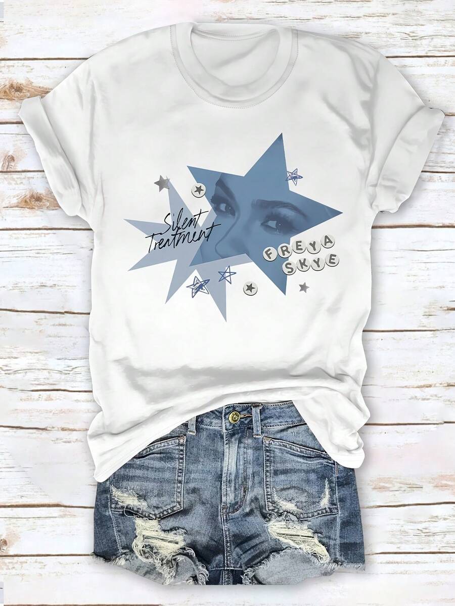 Silent Freya Skye T-Shirt| Casual Crew Neck, Slight Stretch Fabric, Alphabets Pattern, Regular Sleeve, All Seasons - White - View 1