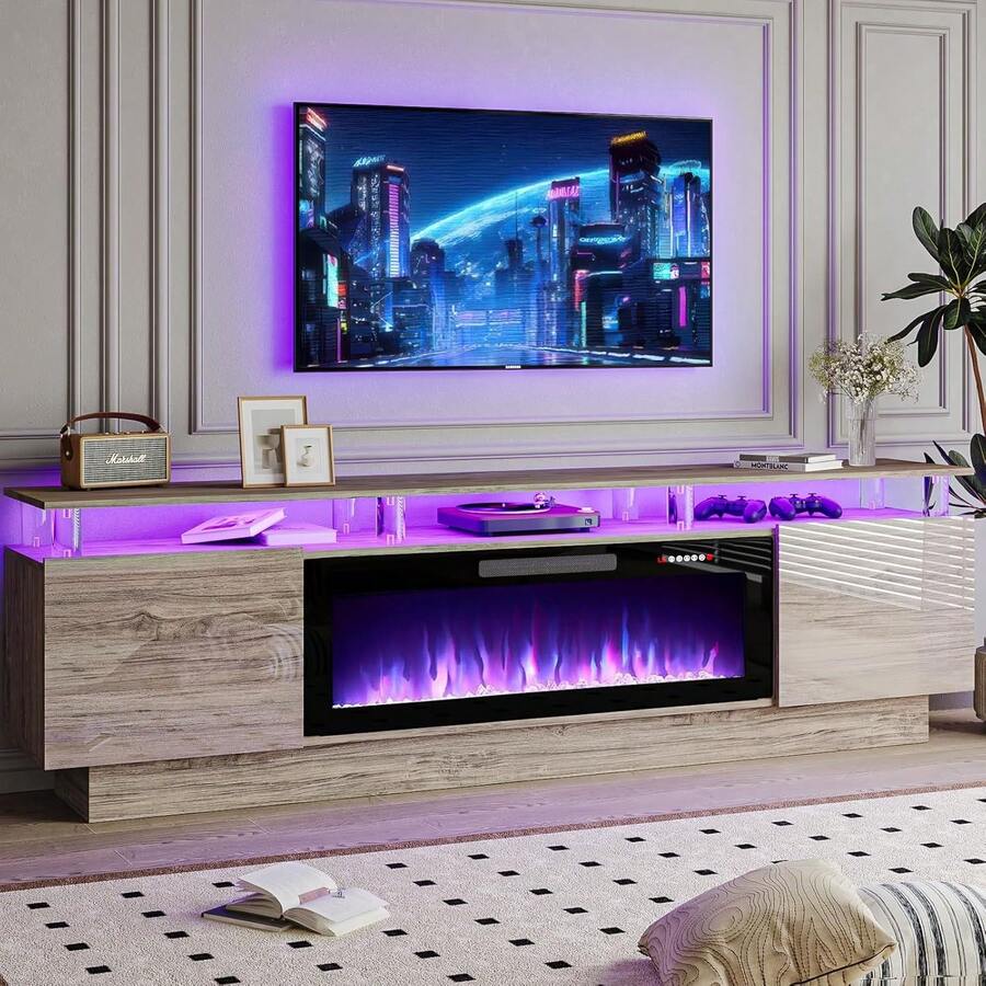 [2 Packages Shipping]70 Inch Fireplace TV Stand For TVs Up To 80 Inches, Stainless Steel Pipe,2-Tier Storage Cabinet, Living Room Media ,Contemporary Wood Entertainment Center With 36" Electric Fireplace & Remote,Thanksgiving,Christmas  Gift - 查看 1