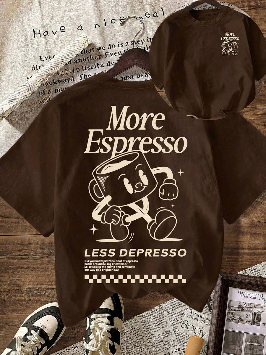 More Espresso Coffee Club Graphic Casual Crew Neck Short Sleeve T-Shirt For Women Summer - Brown - View 1