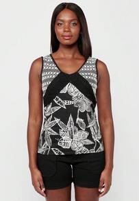 Koroshi 女士純棉背心，正面飾有細節和花卉印花 | 時尚黑色 XS/S/M/L/XL/XXL - 黑色 - 查看 3