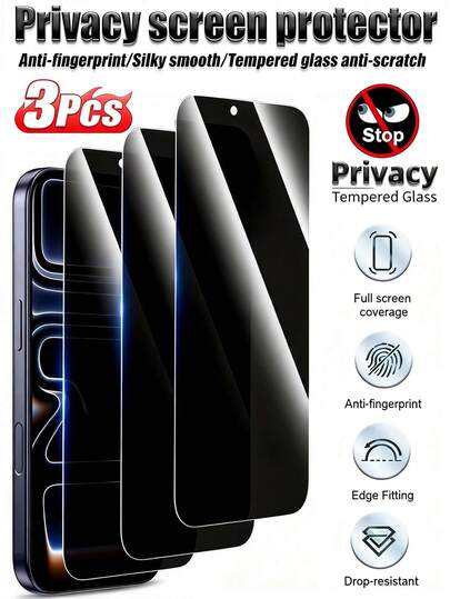3pcs Privacy Screen Protector Compatible With IPhone 17/16/16e/15/14/13/13 Pro/12/11/17 Pro Max/17 Air/16 Pro Max/15 Pro Max/14 Pro/Plus/Mini/X/XR/XS Max/7/8, 9H+ Tempered Glass, Anti-Scratch, Full Coverage, Privacy Protection, Suitable For Daily Protection, Office, Home Use