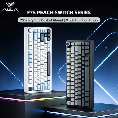 AULA F75 3-Mode Customized Peach Pink Mechanical Gaming Keyboard, Hot-Swappable PBT Keycaps, 75% Compact Layout, Gasket Structure, RGB Backlit, Bluetooth/2.4G Wireless/Wired, Suitable For Office, Gaming, ESports, PC And Laptop