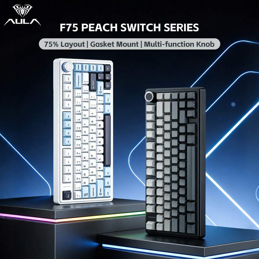 AULA F75 3-Mode Customized Peach Pink Mechanical Gaming Keyboard, Hot-Swappable PBT Keycaps, 75% Compact Layout, Gasket Structure, RGB Backlit, Bluetooth/2.4G Wireless/Wired, Suitable For Office, Gaming, ESports, PC And Laptop - 查看 1