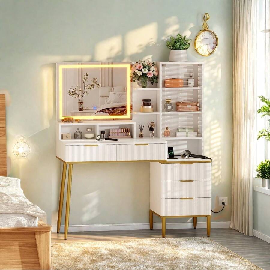 Tocador acanalado con luces LED y espejo - Tocador blanco con toma de corriente - Tocador con 5 cajones para niñas y mujeres - Blanco - Ver 1