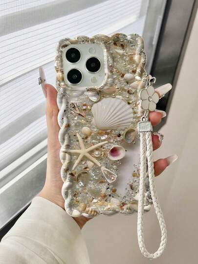 贝壳彩绘编织波浪边米色链条印花防震可爱手机壳，兼容 17/17 Pro/17 Pro Max、16/16 Pro/16 Pro Max、16 Plus、10