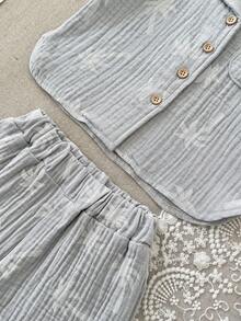 2pcs/Set Baby Boy Coconut Tree Print Cotton Shirt + Shorts Set, Spring/Summer - Dusty Blue - View 11