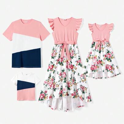 PatPat Family Matching Outfits Summer Flutter Sleeve Mommy And Me Dresses And T-Shirts Sets Holiday Casual Family Outfits