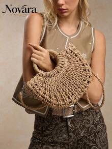 1pc Half-Moon Hollow Out Handbag, Fashionable Beach Vacation Straw Woven Bag,Vacation Bag For Summer, Perfect For Beach Vacation, Travel, Shopping, And Vacation Essentials, Eye-Catching Beach Bag Summer, Summer Straw Beach Bag For Women, Hottest Beach Bags For Women, Fashion Summer Vacation Bag, Beach Essentials Women Bags For Vacation & Holiday, Newest Holiday Bag ,Vacation Essentials , Beach Bag - Khaki - View 5