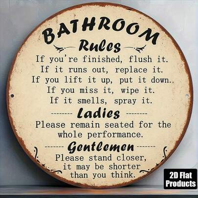 1pc 2D Flat Round French Sign Plaque, Vintage Decor Plaque About "Bathroom Rules", "Bathroom Decor" Plaque, Suitable For Decorating Bathroom, Restroom, Washroom, Homestay, Hotel, Bar To Create A Retro Atmosphere.