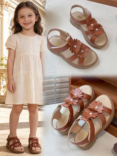 1 par de sandalias de verano nuevas para niñas, zapatos de playa con flores de perlas y puntera abierta, adecuados para la playa, viajes, fotografía, escuela, interior