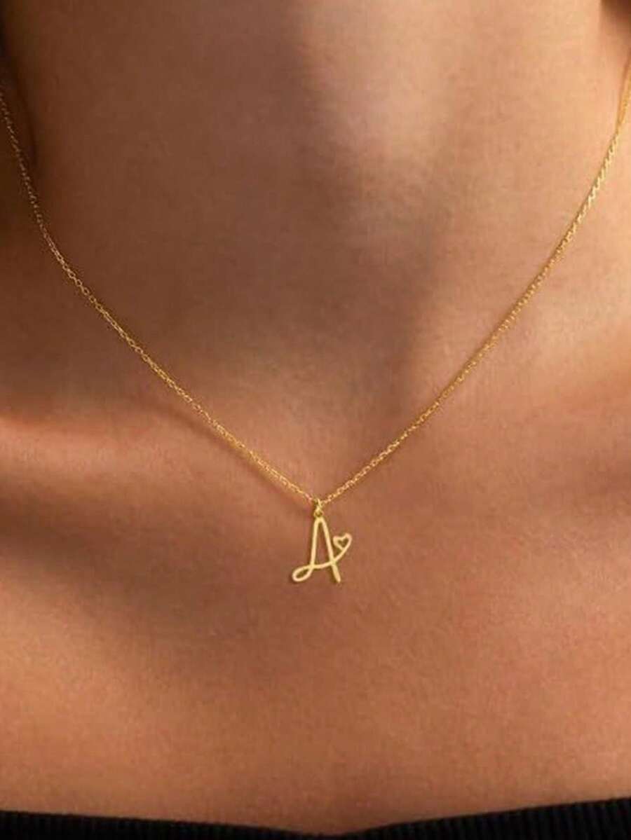 1pc Initial Necklace For Women Girls Stainless Steel Letter Necklace Waterproof Custom Personalized Monogram Choker Necklace - Gold - View 1