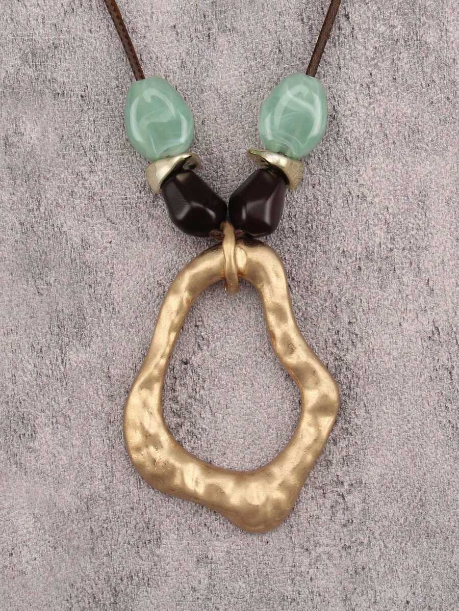 1件装奢华个性化金色金属圆环吊坠项链，木珠装饰，时尚百搭日常项链，送给妈妈/女朋友的礼物 - 臘繩 - 查看 1