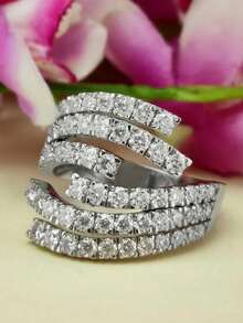 1枚奢华优雅多层设计戒指，镶嵌闪亮锆石，可调节，周年纪念及订婚首饰，婚礼订婚派对节日首饰配饰（无包装盒） - 銀色 - 查看 6