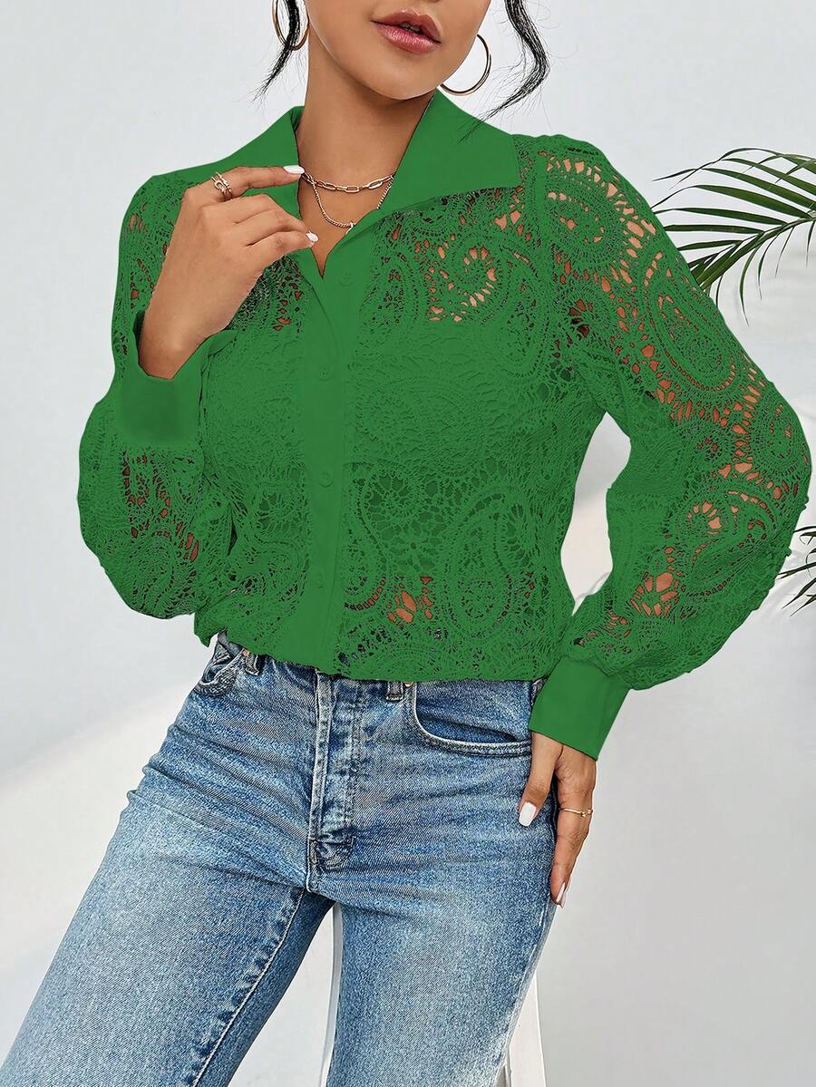Summer Blouse With Floral Guipure Lace, Long Sleeves, And A High Neck. - 綠色 - 查看 1