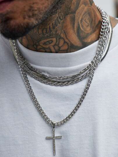 4件套极简朋克休闲街头嘻哈风十字架水钻不锈钢蛇骨链吊坠项链套装，男士适用，适合度假、派对、约会、休闲、日常佩戴，全新百搭组合